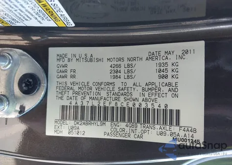 2012 Mitsubishi Eclipse Spyder Gs Sport from USA, damaged, VIN 4A37L2EF8CE003540